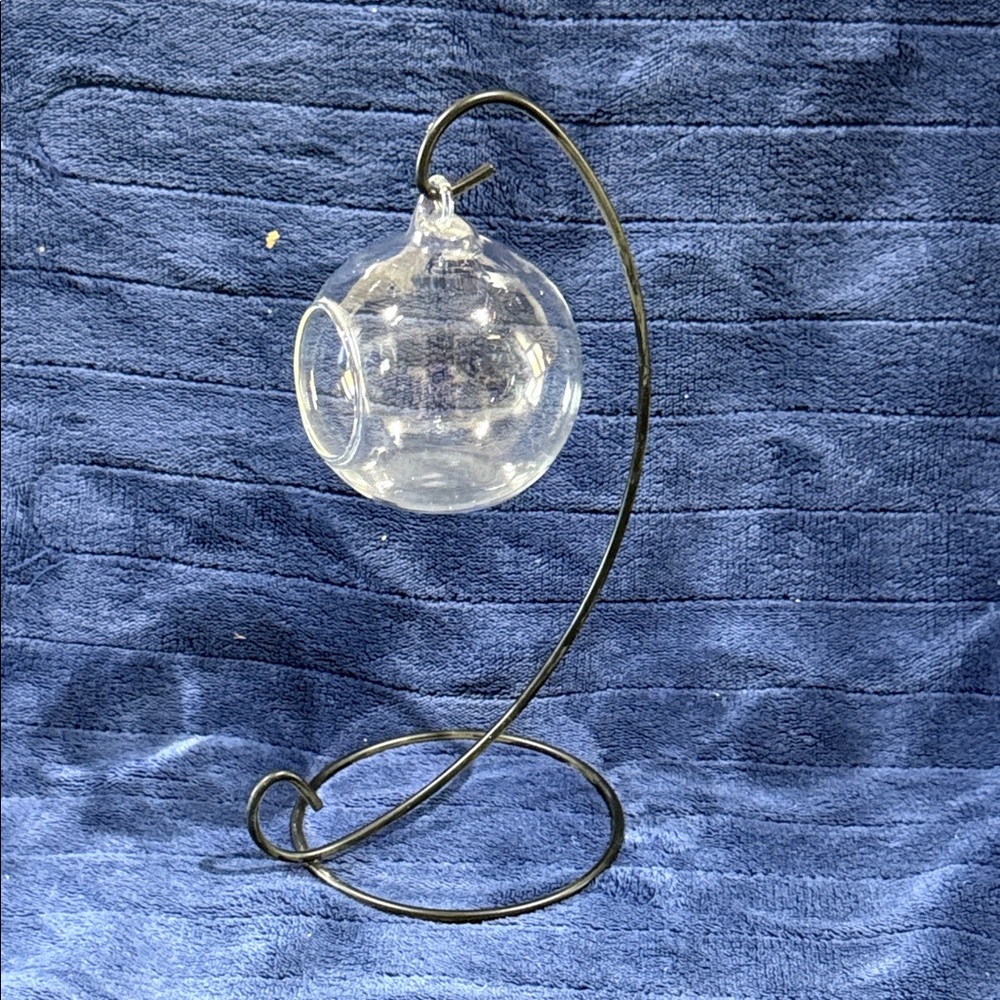 Hanging Glass Terrarium with Black Metal Stand-smaller globe